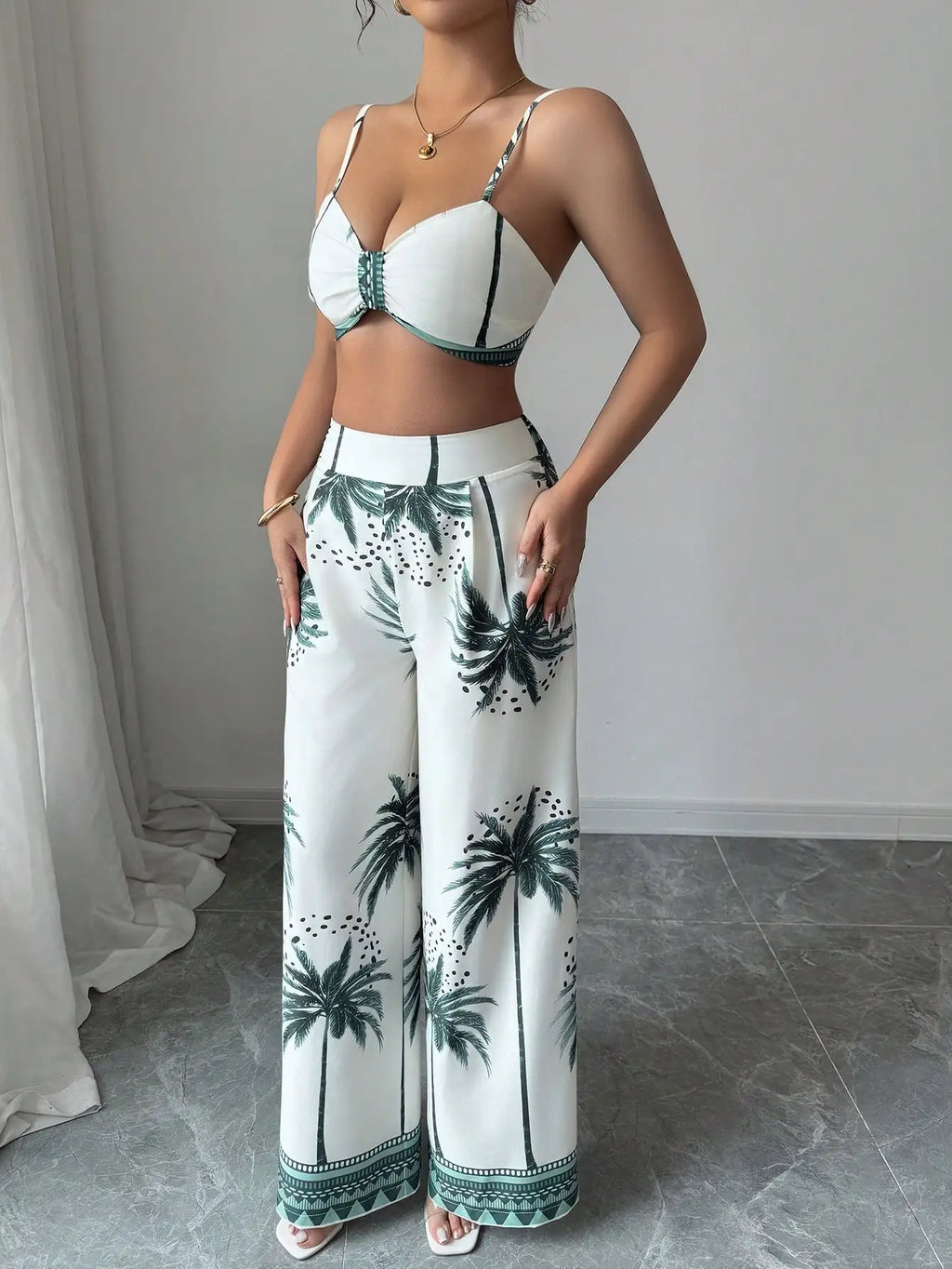 Women's Tropical Palm Print Two Piece Set