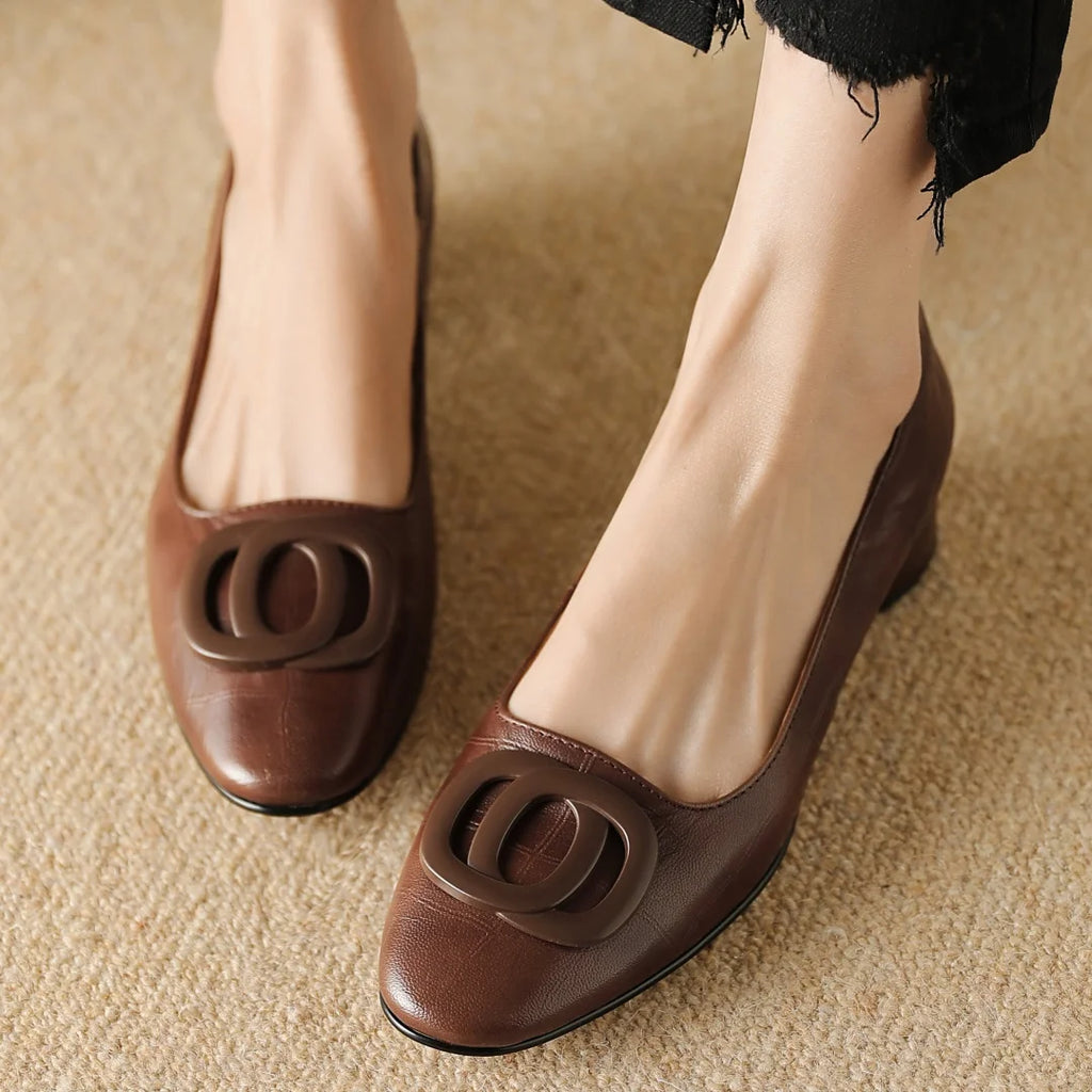 Women's sheepskin round toe metal buckle slip-on pumps 3cm thick low heel elegant ladies Ol style daily slim dress heels shoes