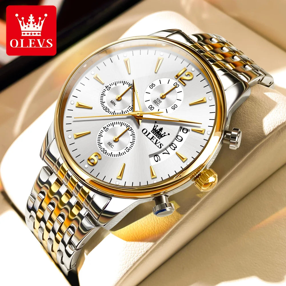 OLEVS luxury brand men's watches Chronograph waterproof date Gold luminous quartz watch for man Original wristwatch with the box