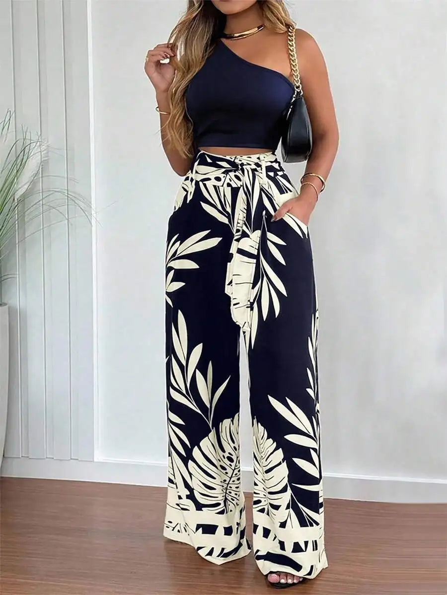 One Shoulder Crop Top & Wide Leg Pants Set