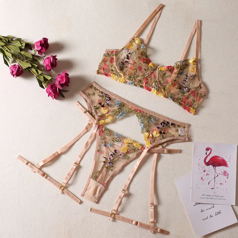 Sexy See-through Yellow Pastoral Floral Bra Garter T-Back Three-Piece Set with Leg Ring Sexy Lingerie Suit