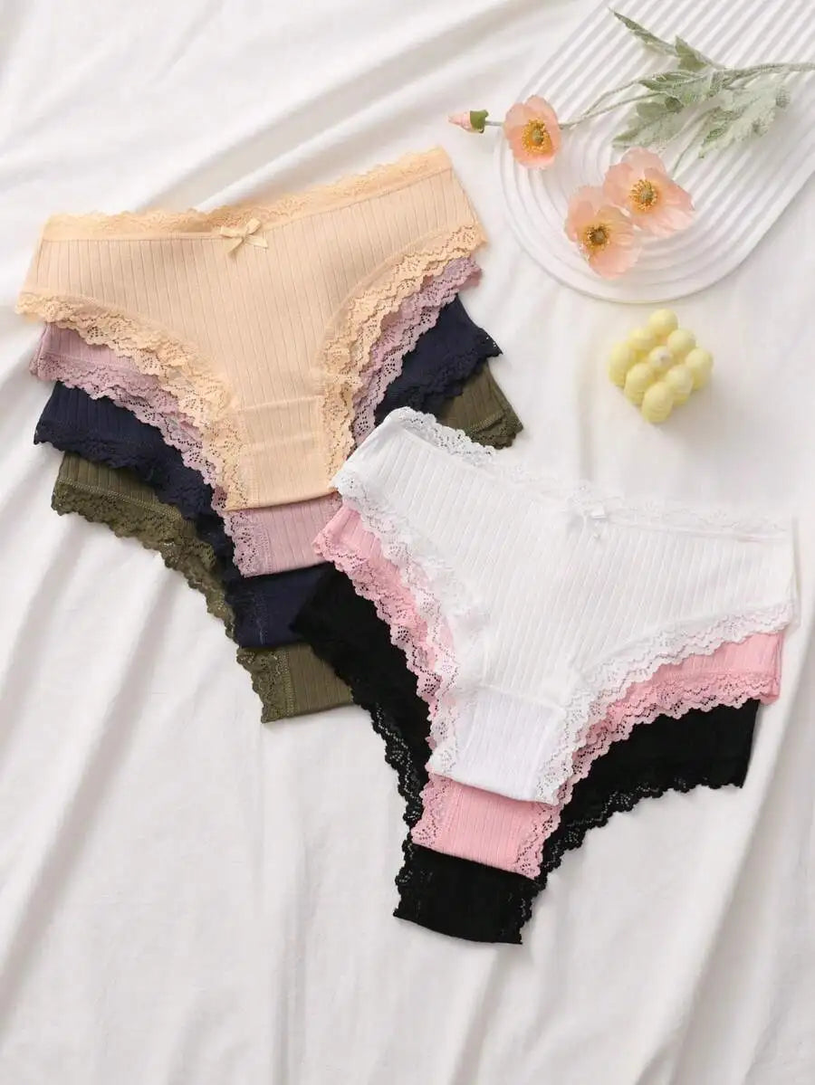 7-Pack Soft Ribbed Cotton Lace Trim Bikini Panties for Women