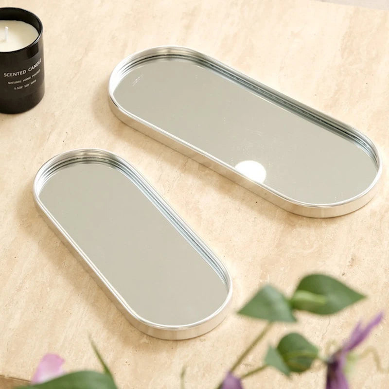 Nordic Light Luxury Metallic Glass Mirror Tray Jewelry And Cosmetics Storage Tray Living Room Precious Accessories Tray