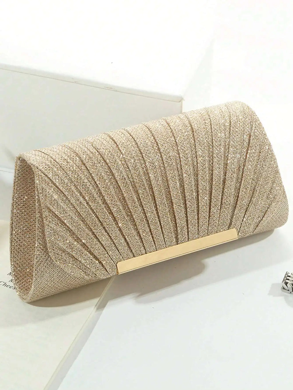 Gold Pleated Glitter Clutch Bag with Metal Frame for Evening Events