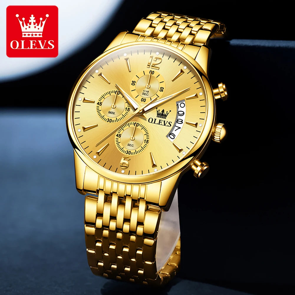 OLEVS luxury brand men's watches Chronograph waterproof date Gold luminous quartz watch for man Original wristwatch with the box