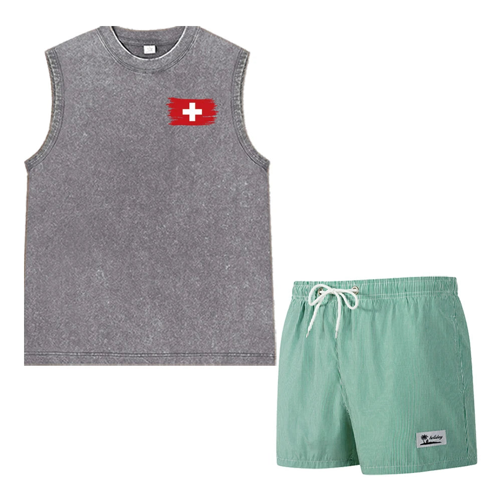 Casual Summer Men's 2 Piece Outfit: Vintage Washed Sleeveless Tee & Pinstripe Quick Dry Swim Shorts Set with Flag Graphic Print