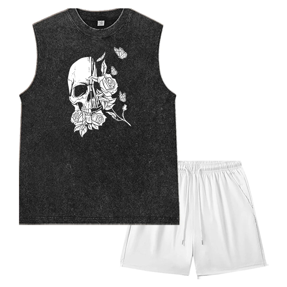 Summer Men's Casual Outfit Black Vintage Washed Tank Top & Quick Dry Double-Layer Beach Shorts Set Skull & Roses Graphic Print