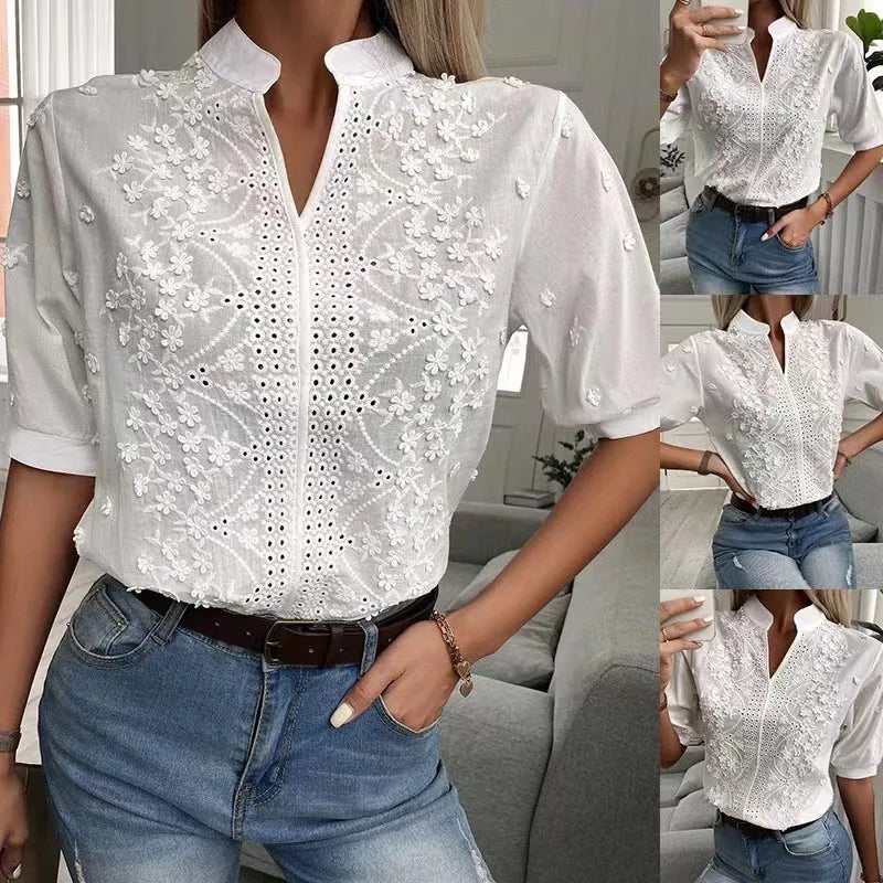 Elegant Vintage Embroidered Cotton Button-Up Top