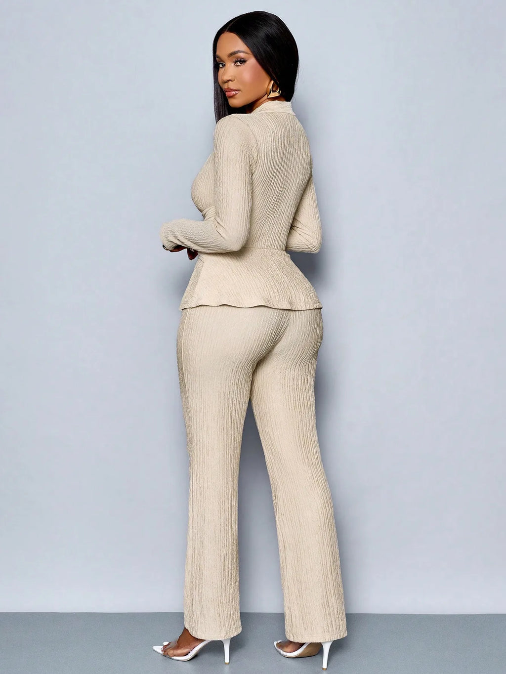 Women's V-neck Peplum Top & Wide Leg Pants Set
