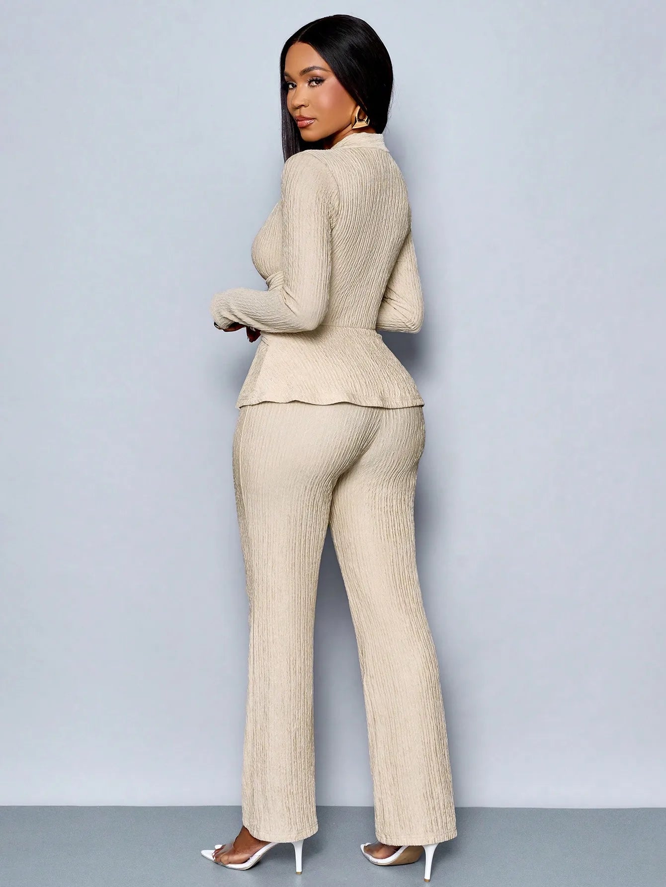 Women's V-neck Peplum Top & Wide Leg Pants Set