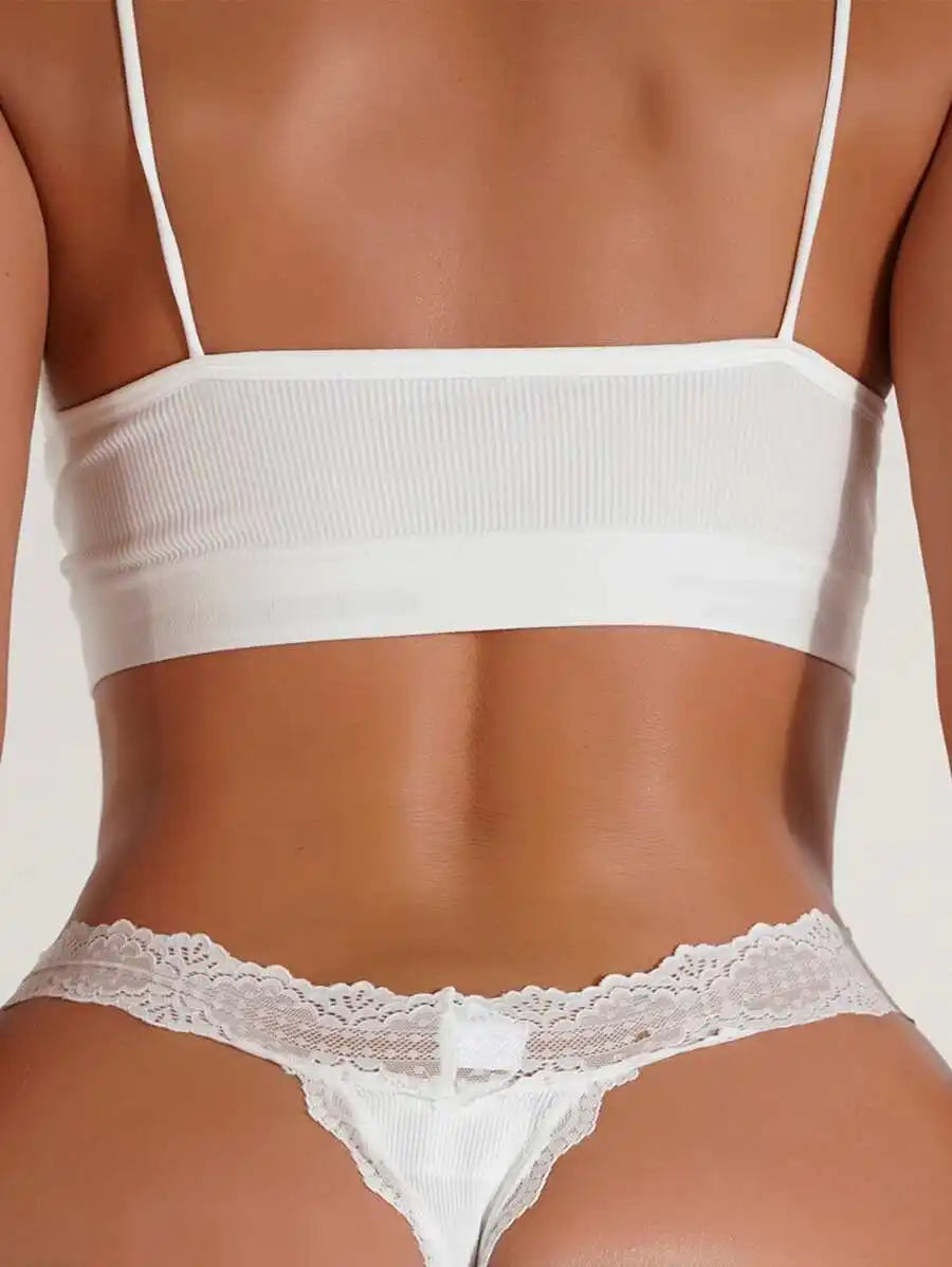 White Lace Trim Thong Panty with Bow Detail and Ribbed Fabric
