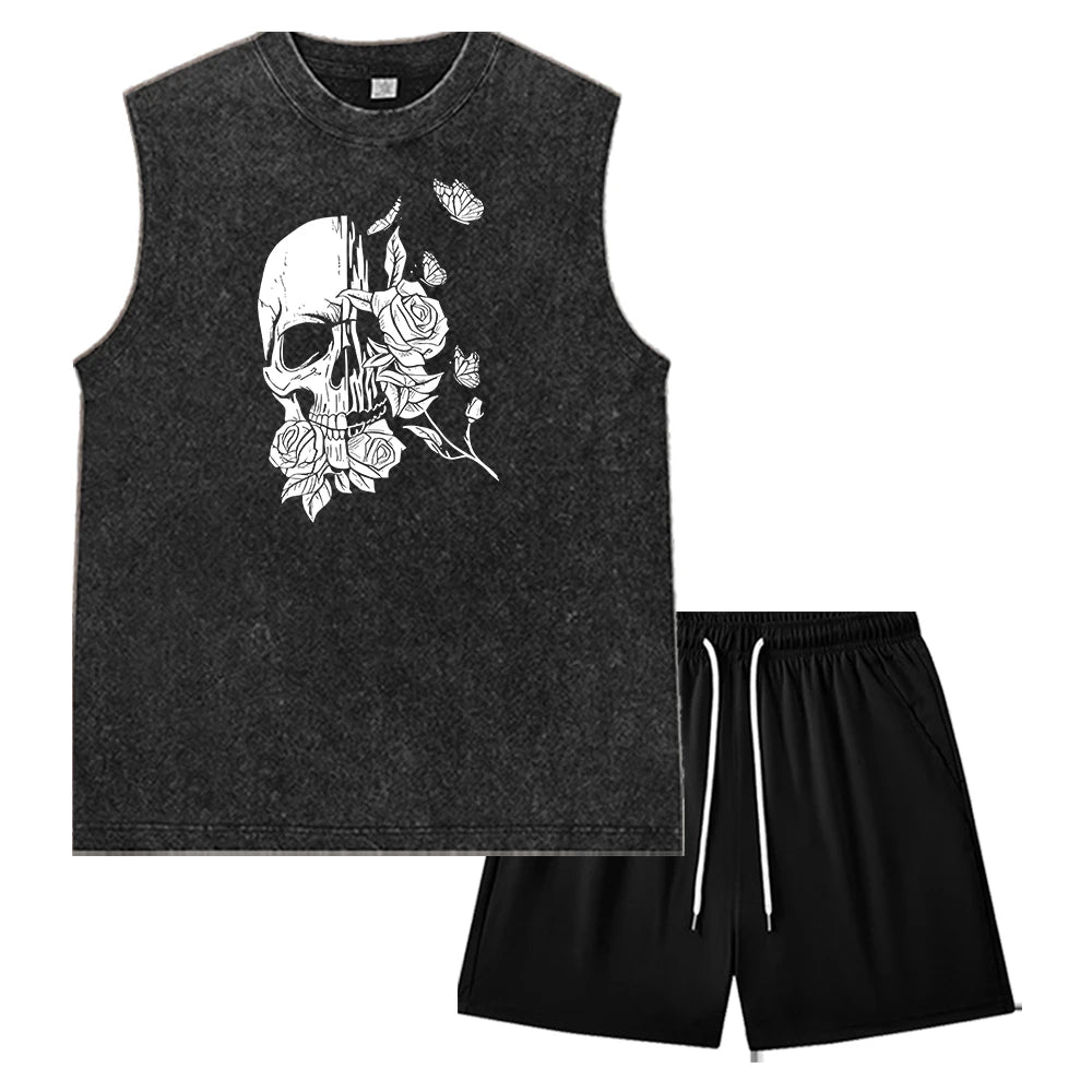 Summer Men's Casual Outfit Black Vintage Washed Tank Top & Quick Dry Double-Layer Beach Shorts Set Skull & Roses Graphic Print