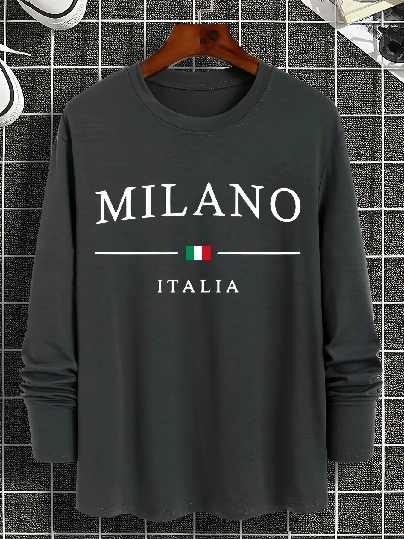 100% pure cotton men's long sleeved round neck loose casual MILANO ITALIA printed spring and autumn versatile T-shirt top