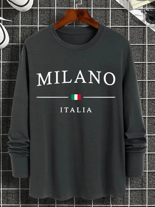 100% pure cotton men's long sleeved round neck loose casual MILANO ITALIA printed spring and autumn versatile T-shirt top