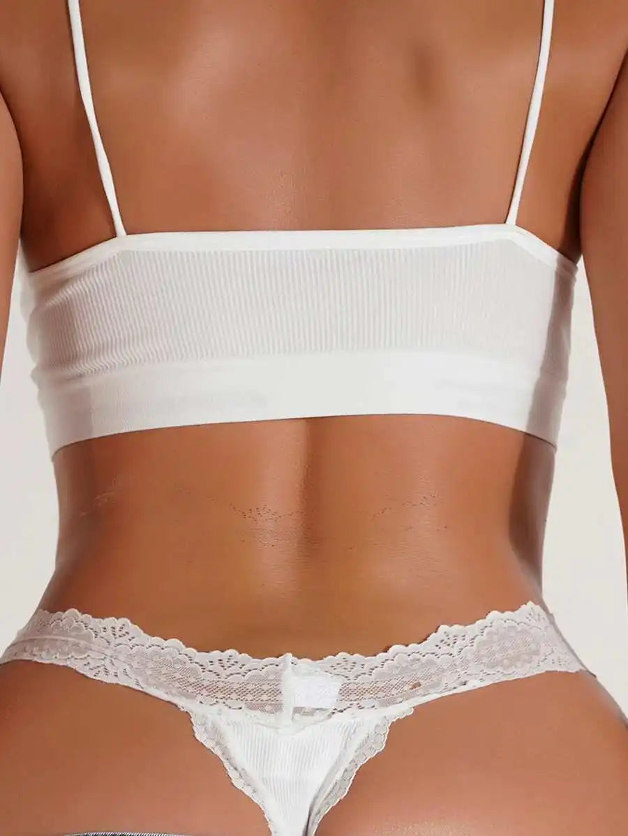 White Lace Trim Thong Panty with Bow Detail and Ribbed Fabric