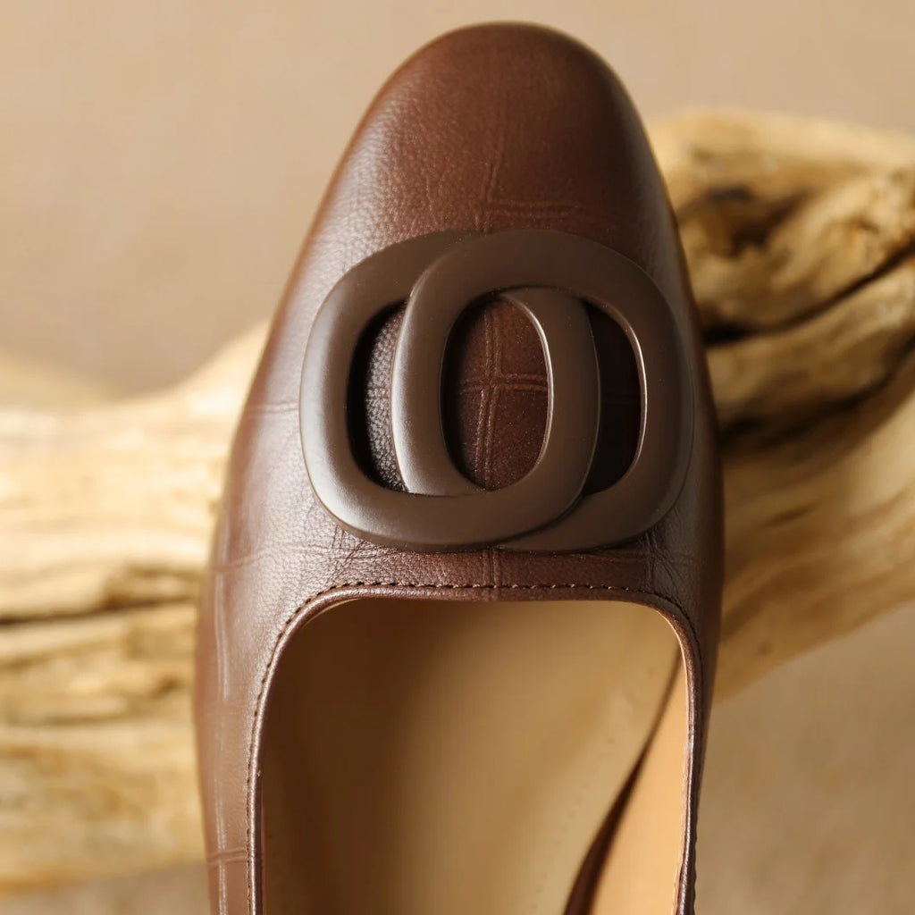Women's sheepskin round toe metal buckle slip-on pumps 3cm thick low heel elegant ladies Ol style daily slim dress heels shoes
