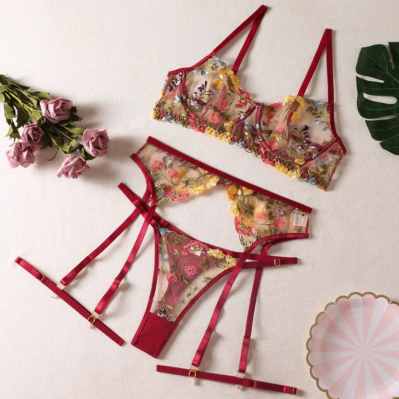 Sexy See-through Yellow Pastoral Floral Bra Garter T-Back Three-Piece Set with Leg Ring Sexy Lingerie Suit