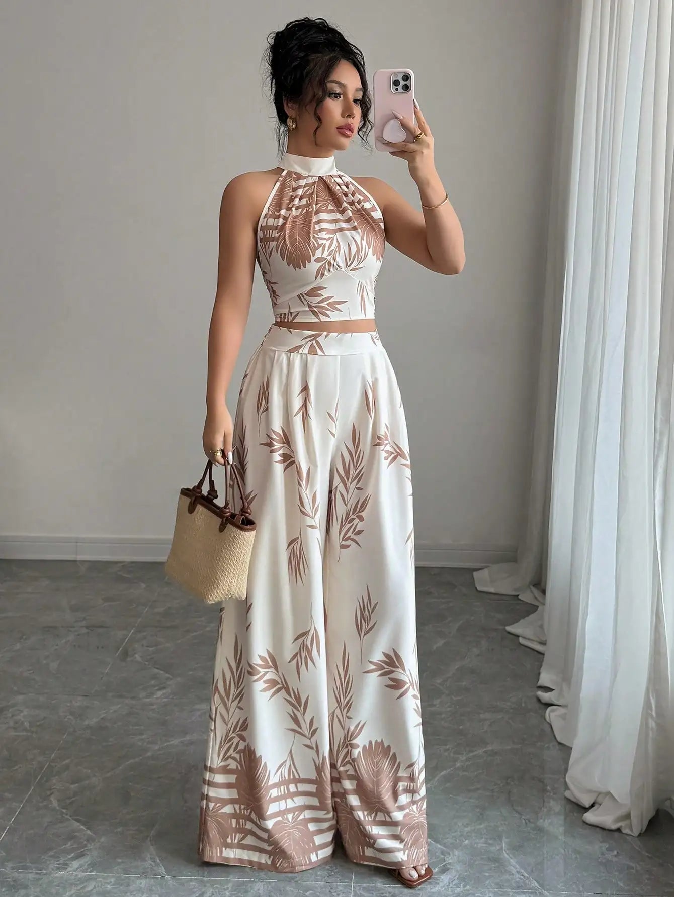 Women's Tropical Print Halter Neck Top with Wide Leg Pants Set