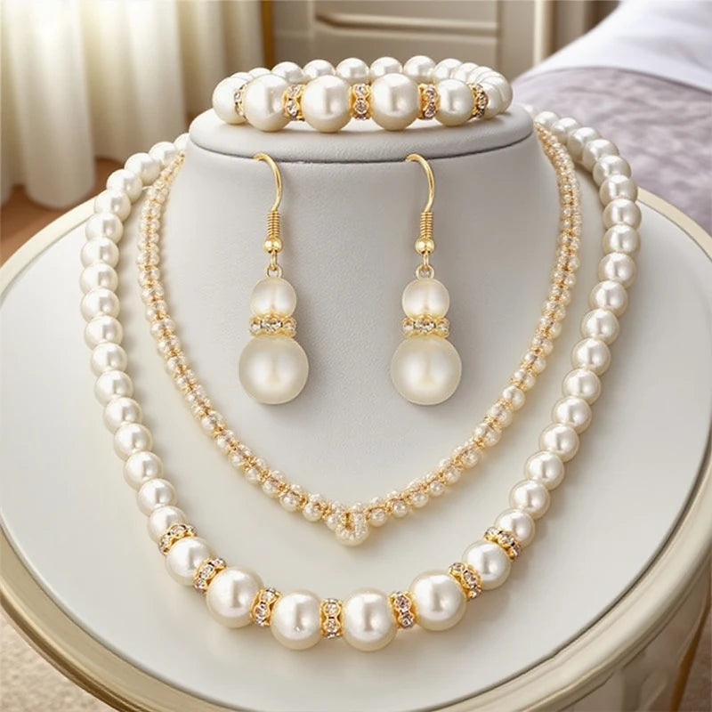 3in1 Set Elegant Simulated Pearl Necklace Earrings Bracelet Long Necklace Women Bridal Wedding Jewelry Gift