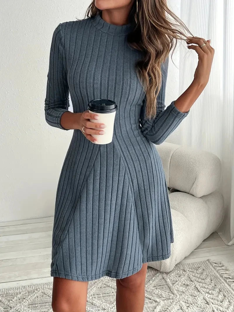 Women's slim fit half high collar waist cinched A-line skirt long sleeved pit stripe dress