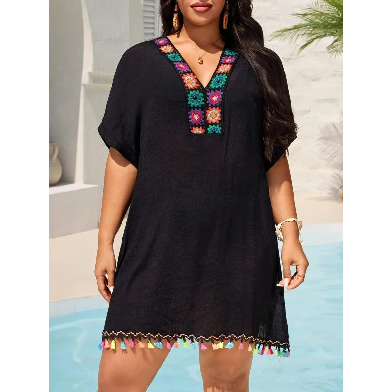 Women's Plus Size Bohemian Crochet Beach Cover-Up Dress