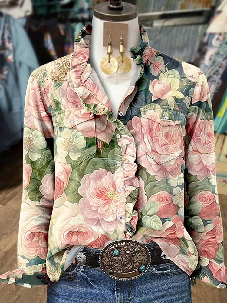 Plus Size Long Sleeve Button Up Floral Shirt