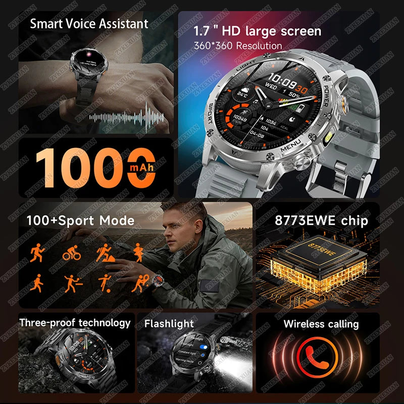 2025 New Military T-Rex 3 Ultra 1000mAh Battery Smart Watch IP68 Waterproof Flashlight Heart Rate Sports tracker Smartwatch Men