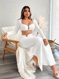 White Long Sleeve Crop Top & High Waist Skirt Set