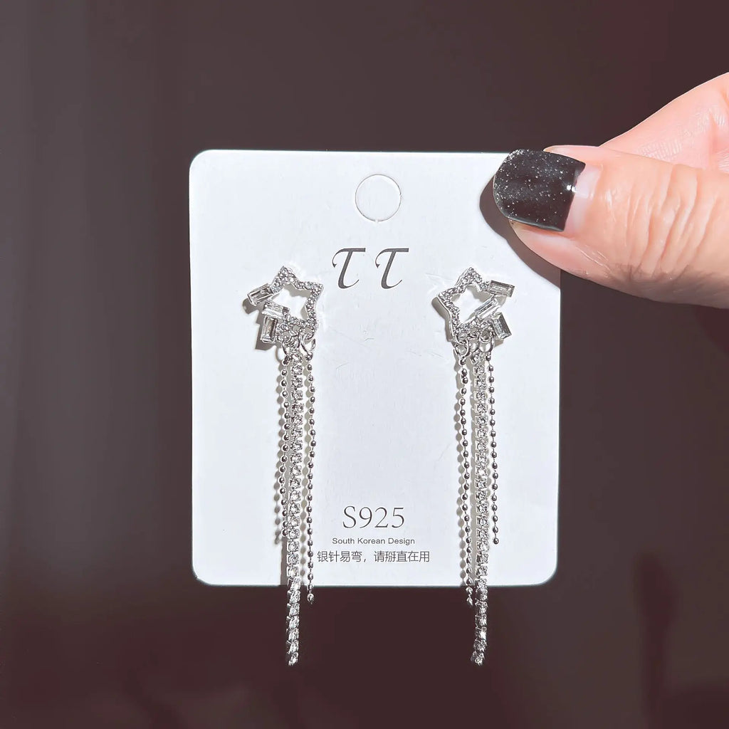 2024 New Simple Stars Tassel Earrings for Women Korean Charm Delicate Shiny Rhinestone Drop Earring Fashion Wedding Gift Jewelry