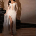 Customized Sexy Illusion Pearls Wedding Dresses Off the Shoulder Mesh Tulle Bride Gown  Bodycon Dress for Bridal with Split