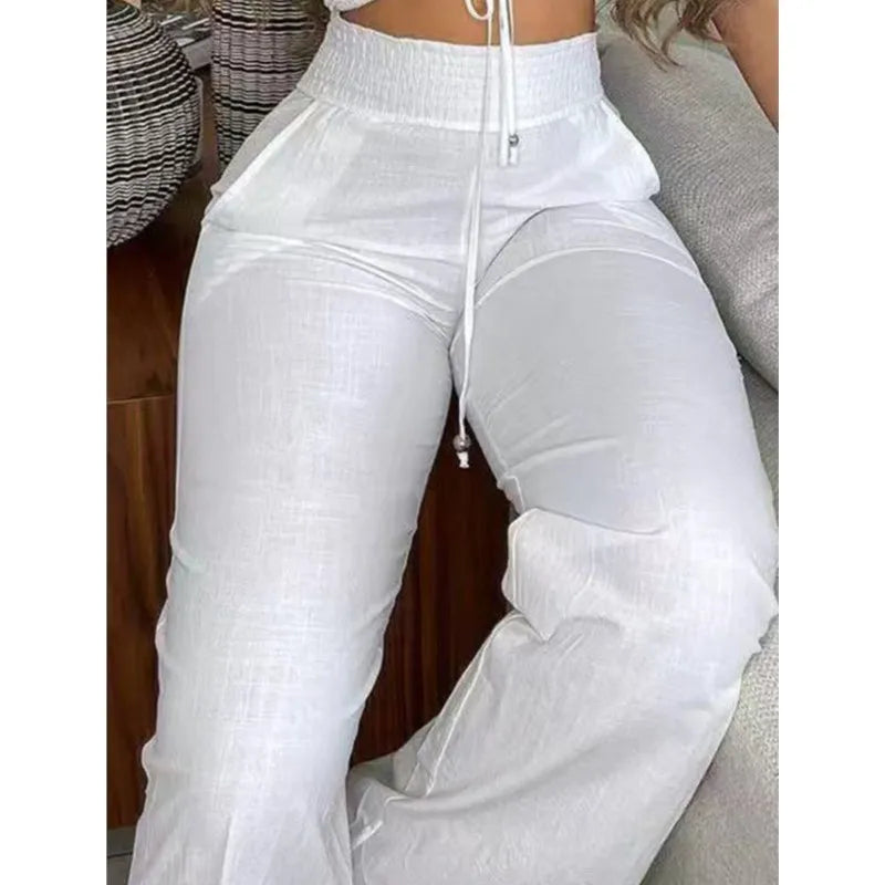White Two-Piece Lounge Set with a Strapless Crop Top & Wide Leg Pants