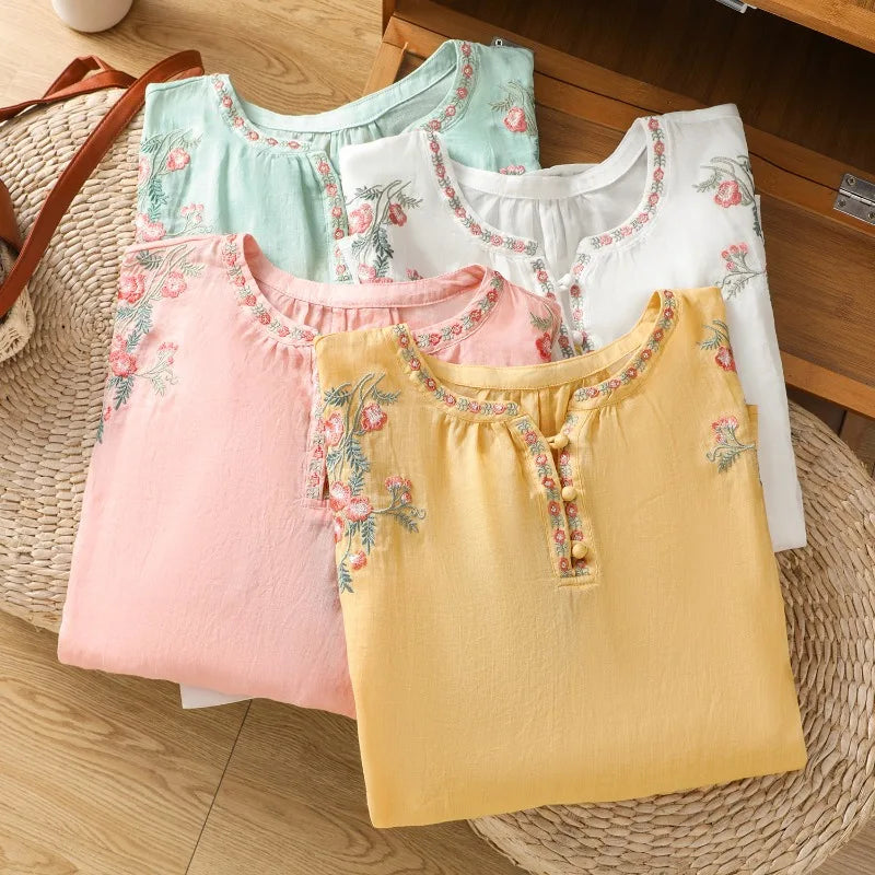 Women's Floral Embroidered cotton Linen Top