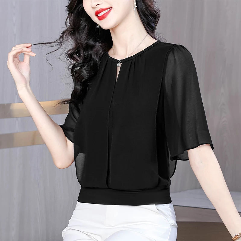 Summer Clothing Half Sleeve Chiffon Blouse 2025 New Fashion Loose Women Tops Solid Color Casual Pullovers Shirt