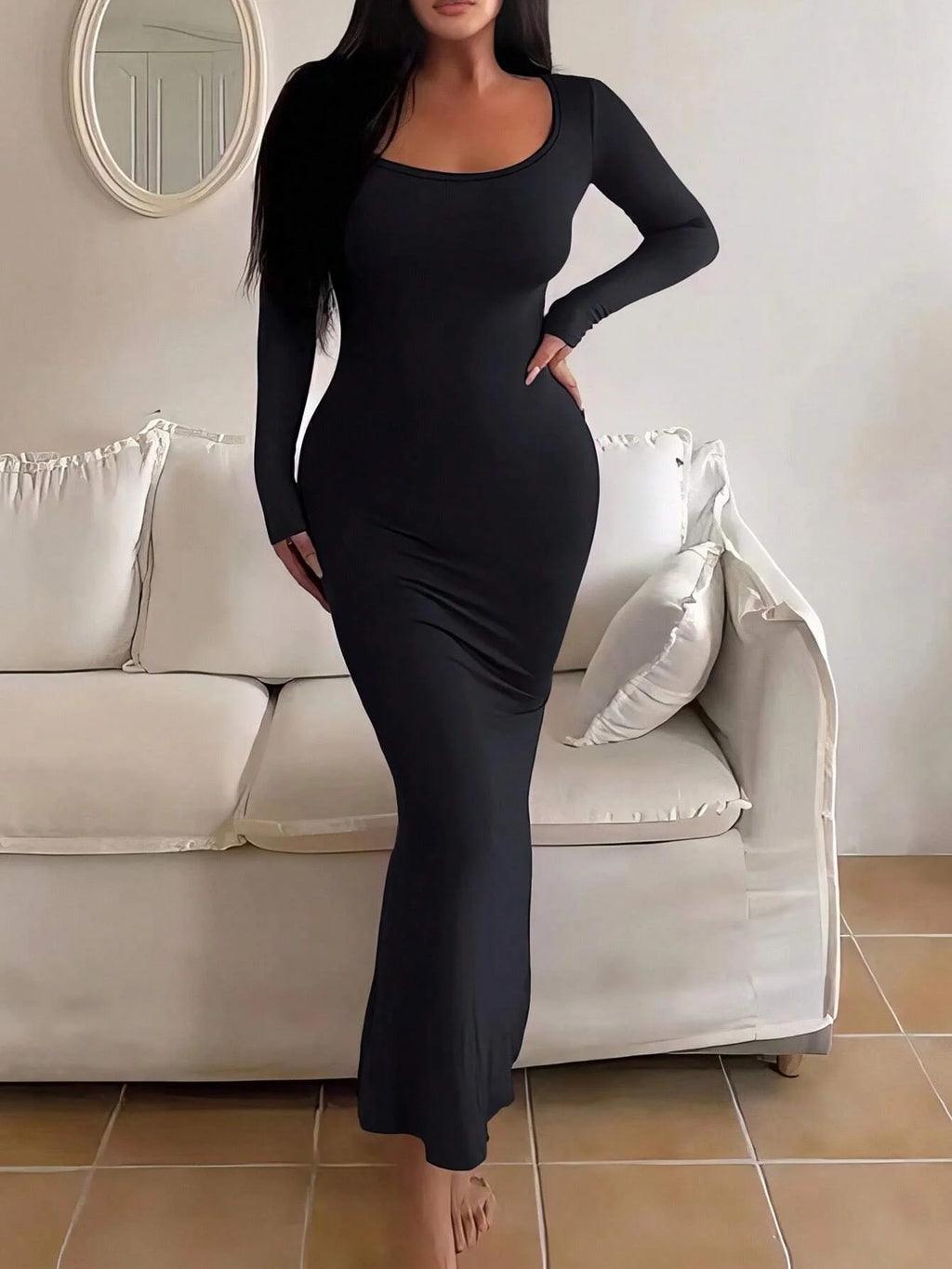 Women's Long Sleeve Scoop Neck Bodycon Maxi Dress
