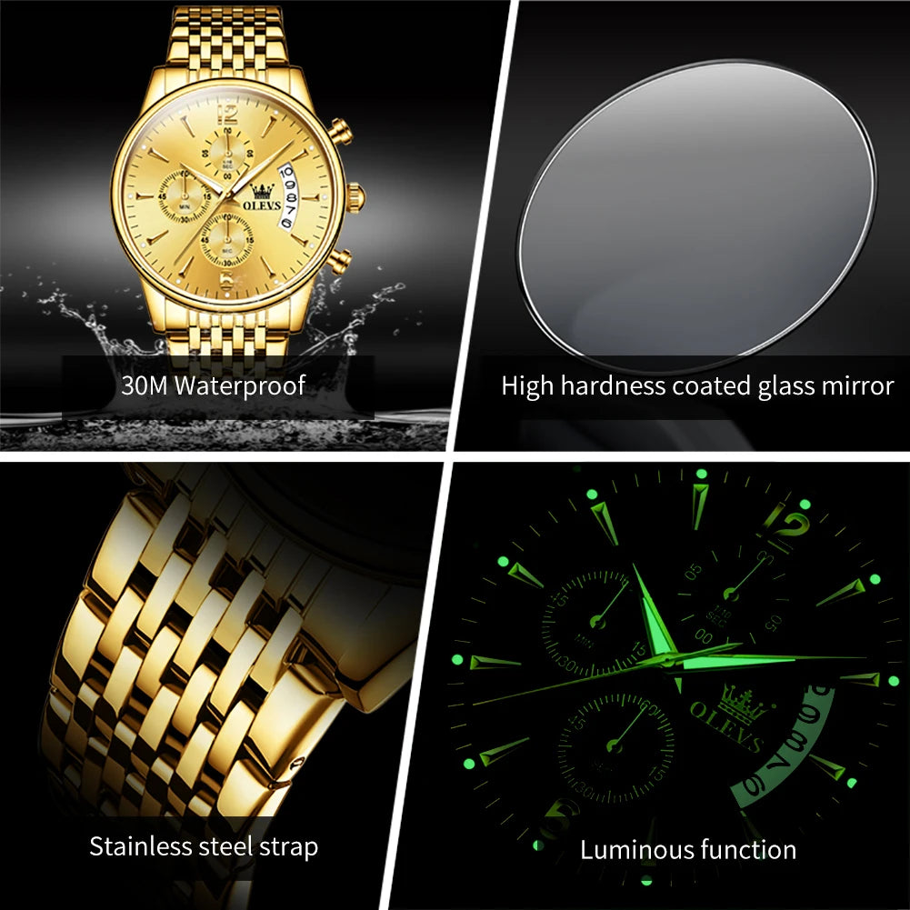 OLEVS luxury brand men's watches Chronograph waterproof date Gold luminous quartz watch for man Original wristwatch with the box