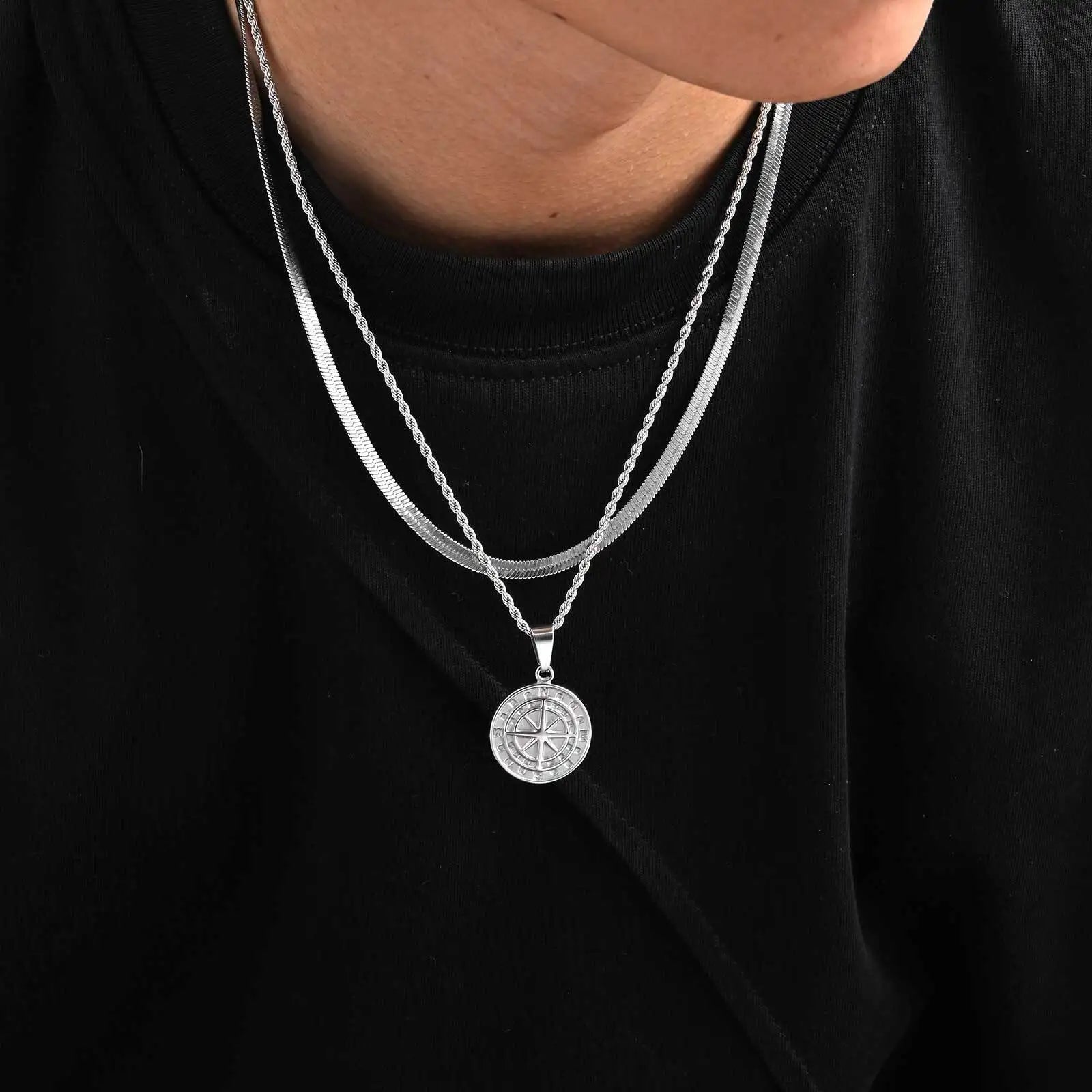 2pcs/set Compass Necklace for Men Boys,Stainless Steel Viking North Star Anchor Medal Round Coin Pendant,Punk Jewelry Gift