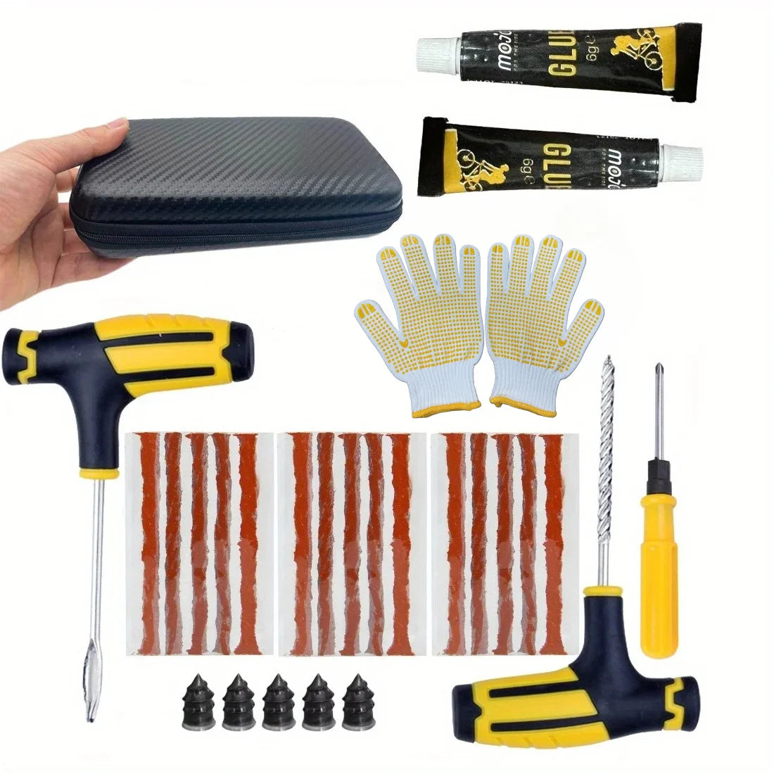 Emergency Tire Repair Kit - Heavy-Duty Glue & Rubber Strips for Flat Puncture Fix on Cars/Trucks/RVs, On-the-Go Safety Solution