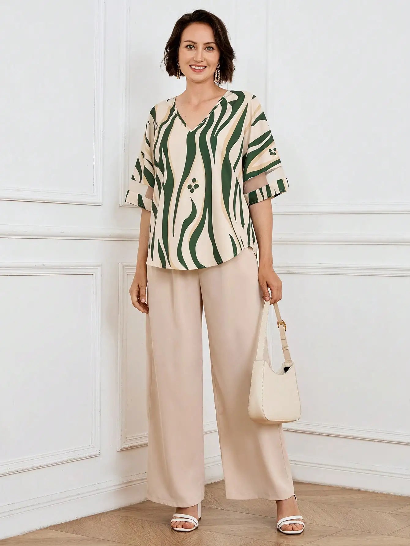 Women's Geometric Print V-Neck Short Sleeve Top & Wide Leg Pants Set for Casual or Office Wear