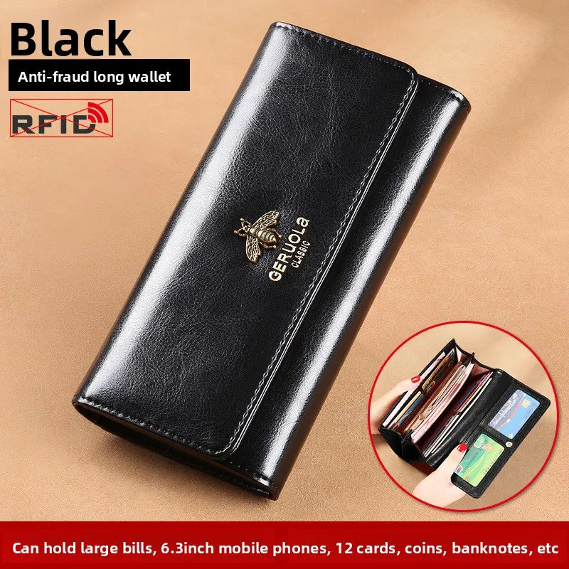 Long Genuine Leather Wallet for Women Multi-Card Holder Handbag Simple Versatile Mobile Phone Bag Inteated Money Clip Handbag