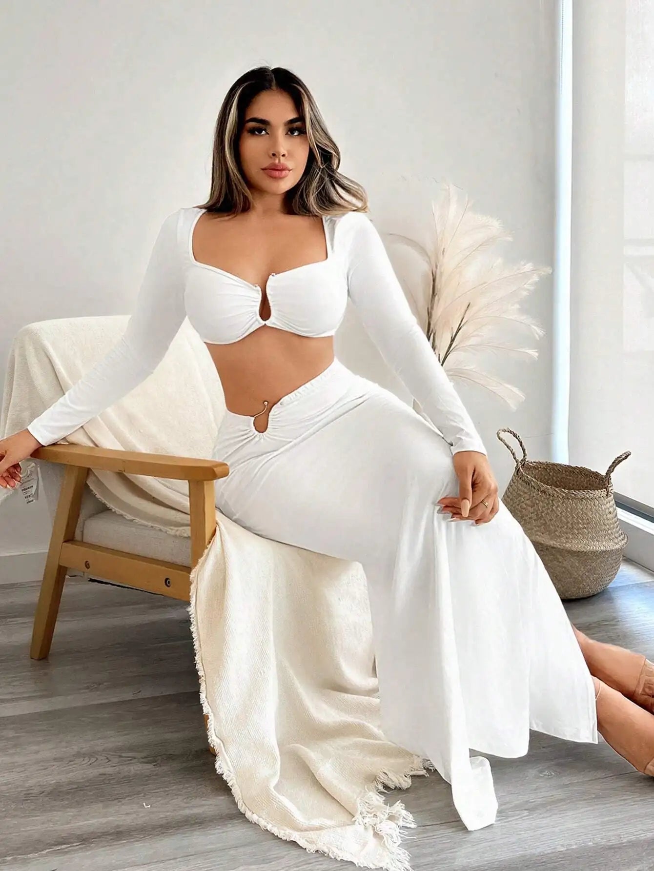 White Long Sleeve Crop Top & High Waist Skirt Set