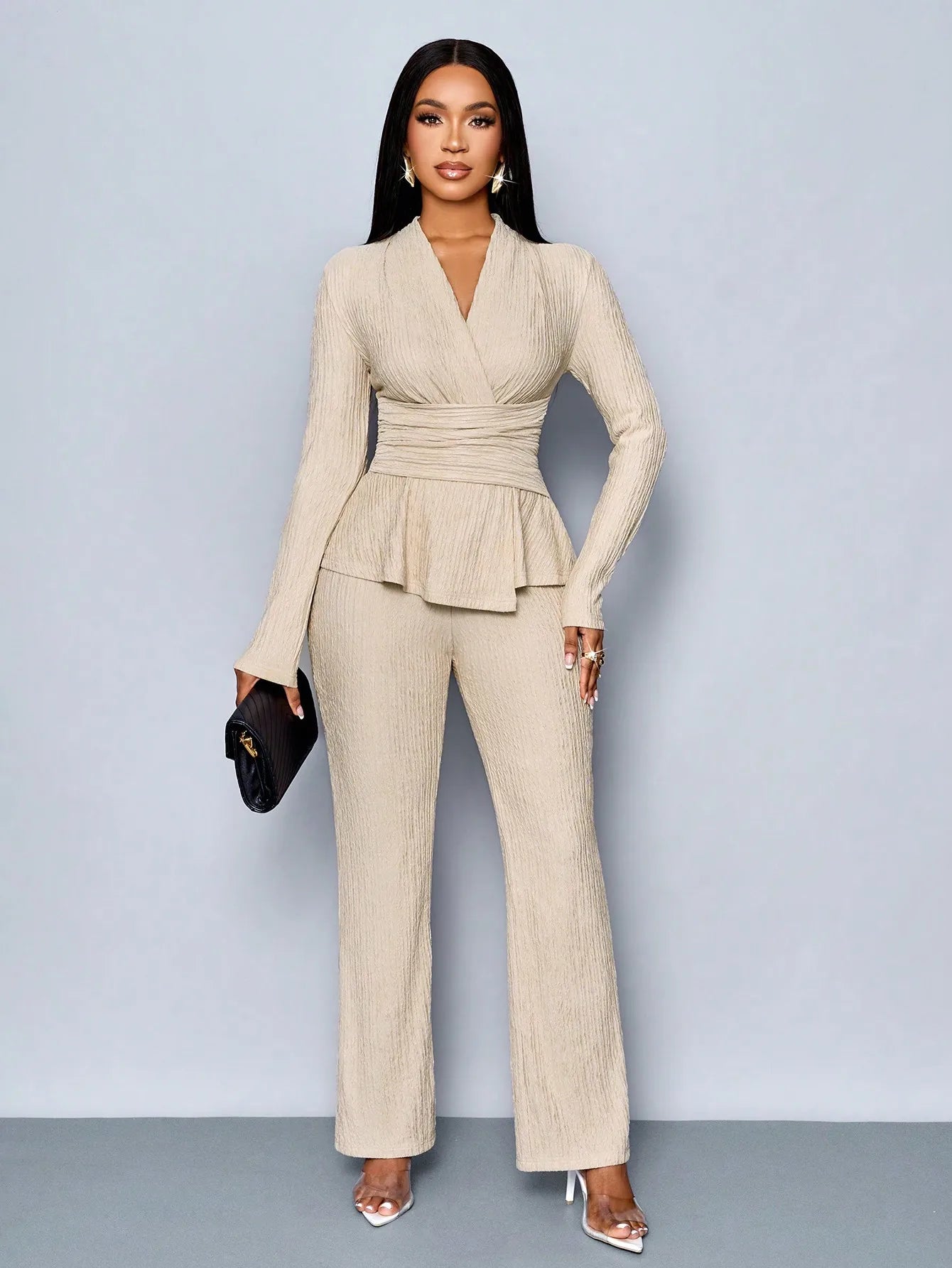 Women's V-neck Peplum Top & Wide Leg Pants Set