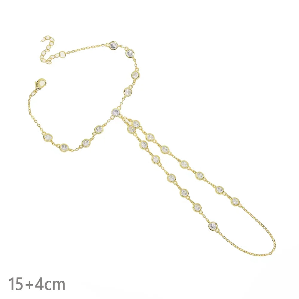 2025 New Micro Pave Clear CZ Tassel Hand Chain Bracelet Gold Color With Round CZ Station Double Chain Fashion Women Jewelry