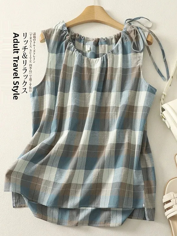 Casual Plaid Sleeveless Loose Fit Blouse