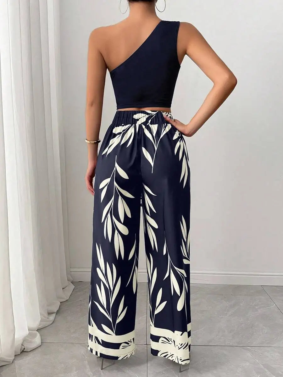 One Shoulder Crop Top & Wide Leg Pants Set