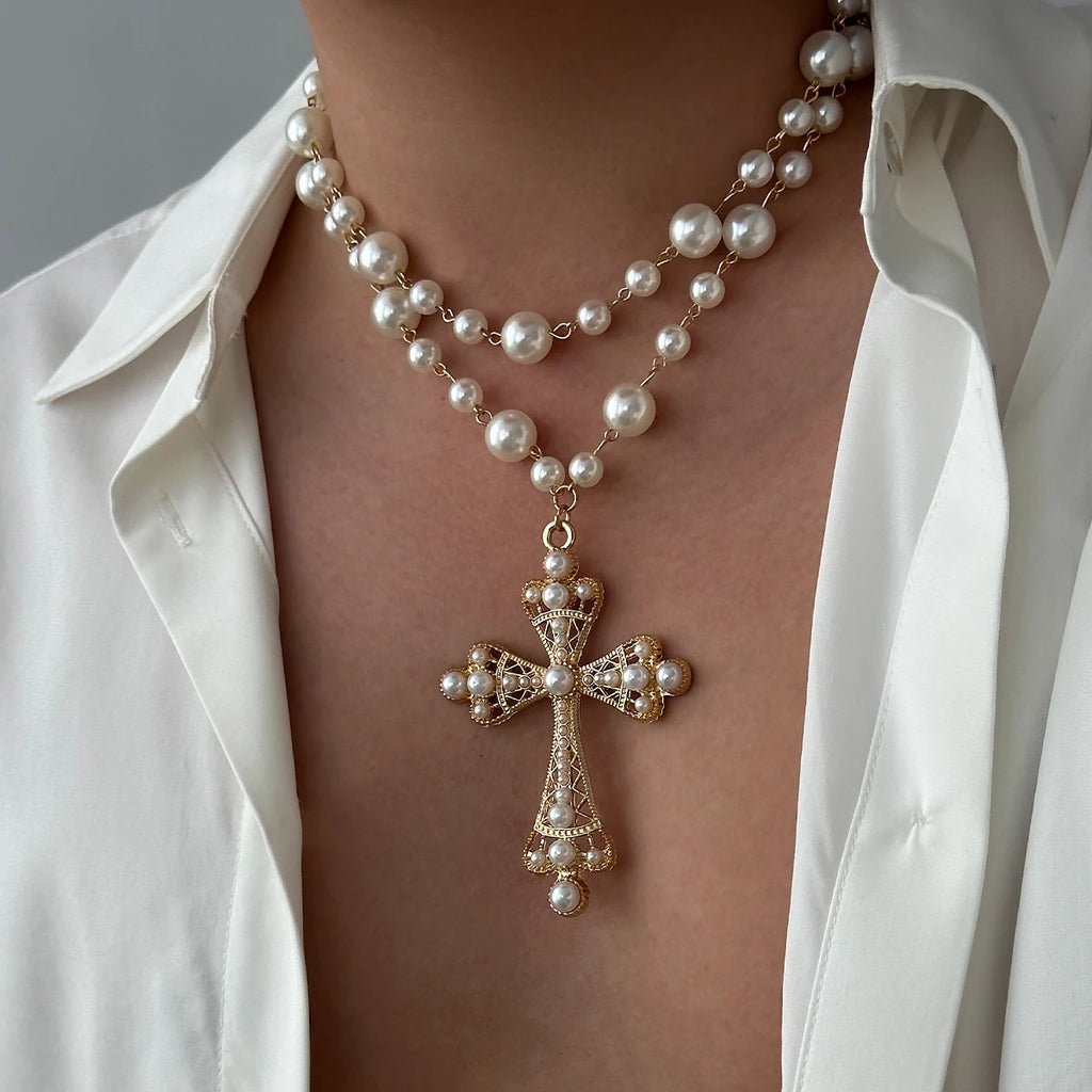 IngeSight.Z Charm Elegant Imitation Pearl Choker Necklace for Men Women New Goth Jesus Cross Pendant Necklace Male Party Jewelry
