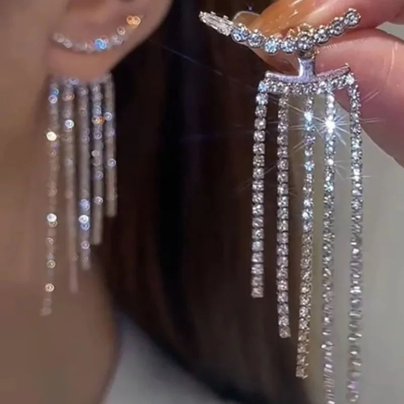 2024 New Simple Stars Tassel Earrings for Women Korean Charm Delicate Shiny Rhinestone Drop Earring Fashion Wedding Gift Jewelry