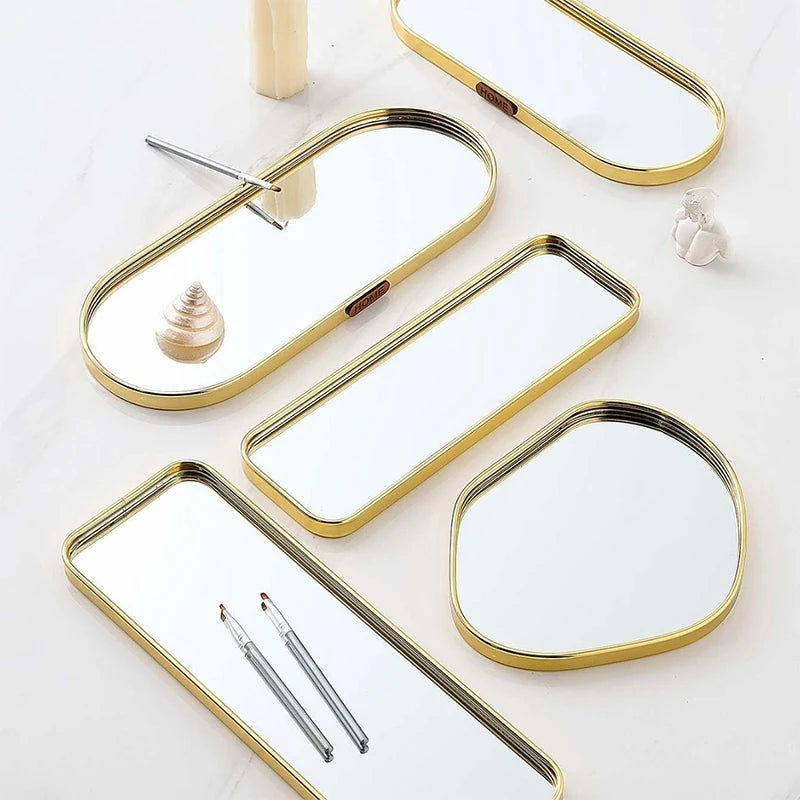 Nordic Light Luxury Metallic Glass Mirror Tray Jewelry And Cosmetics Storage Tray Living Room Precious Accessories Tray