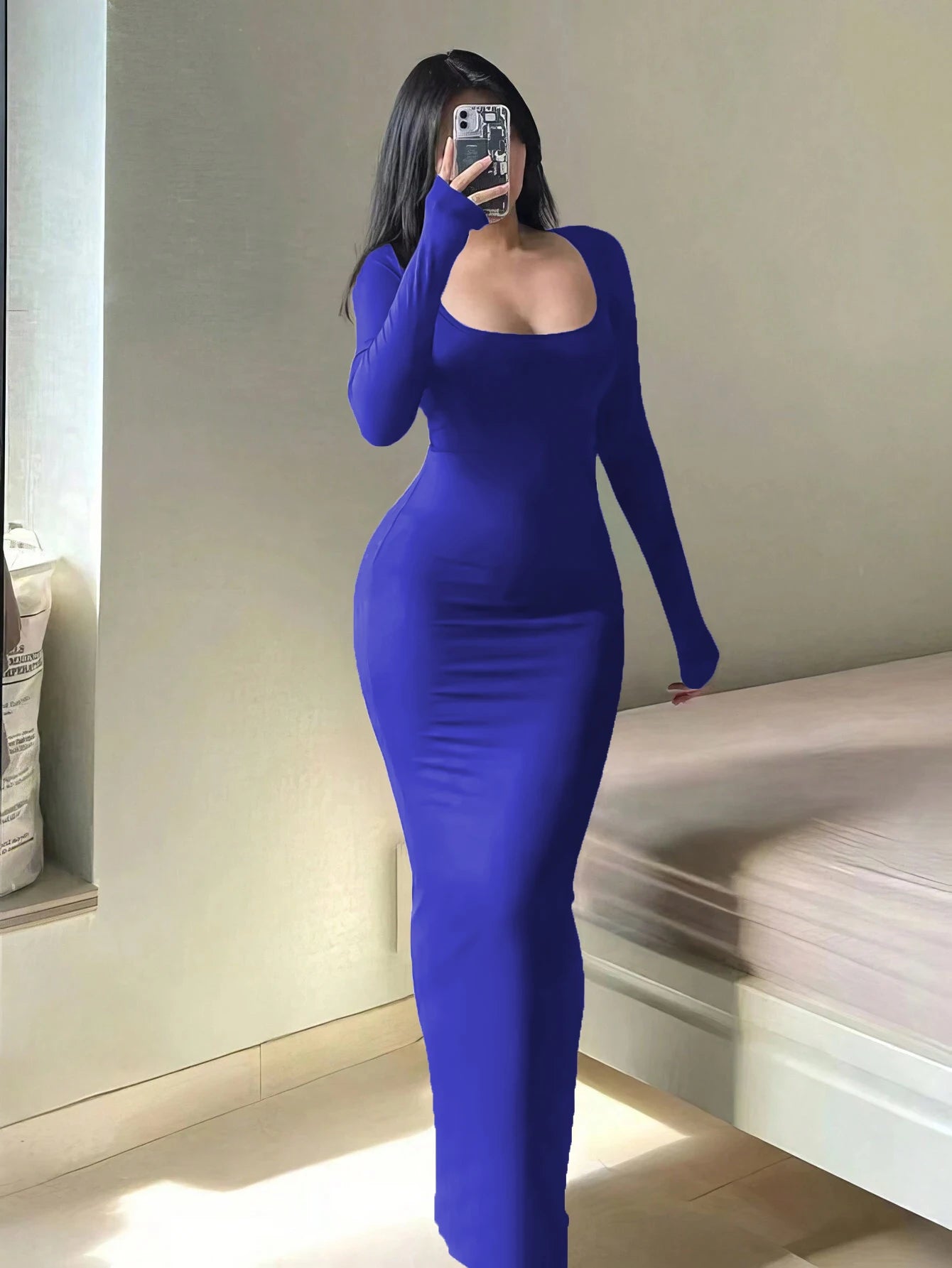 Women's Long Sleeve Scoop Neck Bodycon Maxi Dress