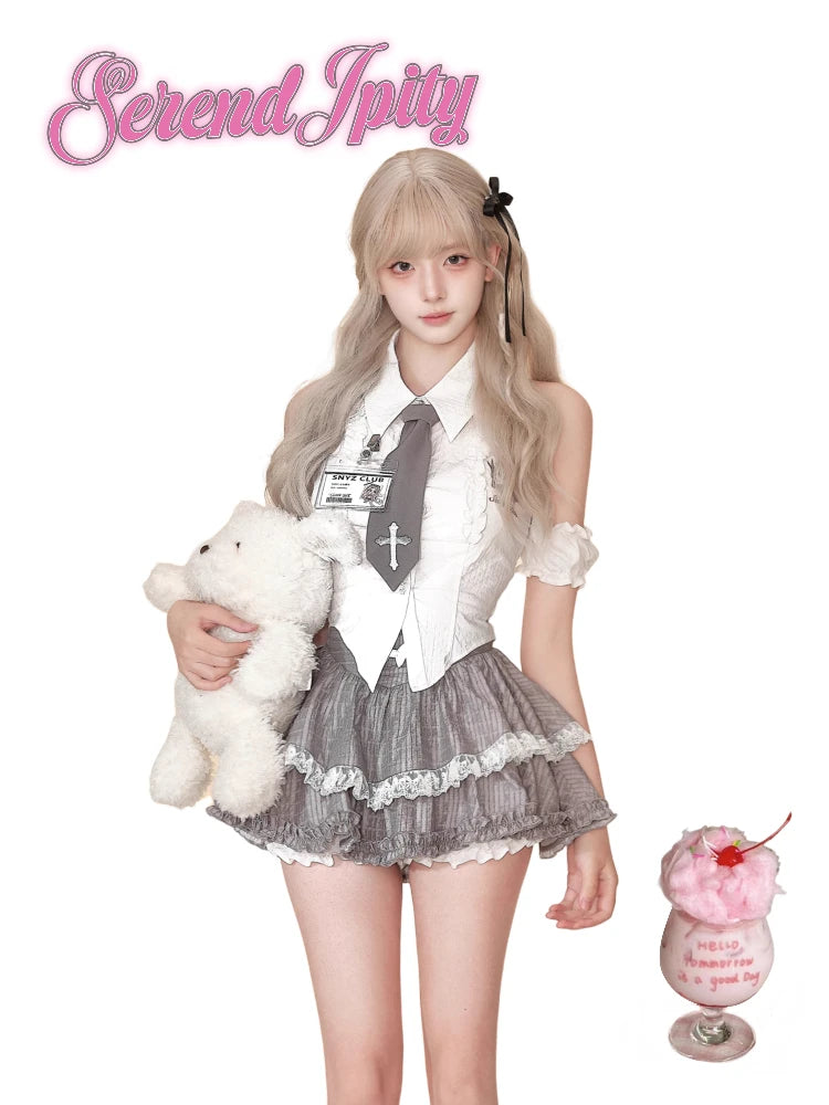 Elegant Korean Style 2-Piece Set – Kawaii White Top & Black Slim Skirt