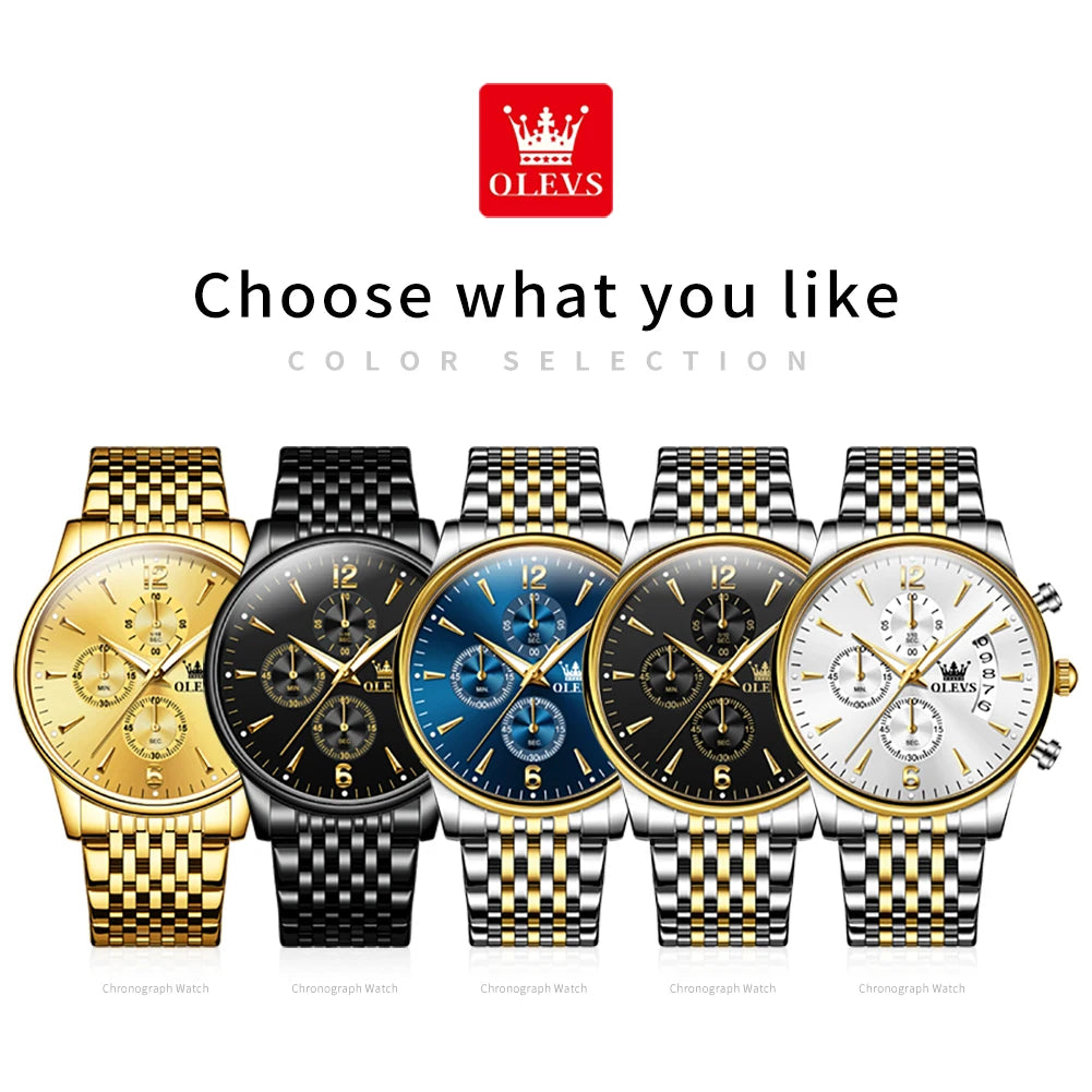 OLEVS luxury brand men's watches Chronograph waterproof date Gold luminous quartz watch for man Original wristwatch with the box